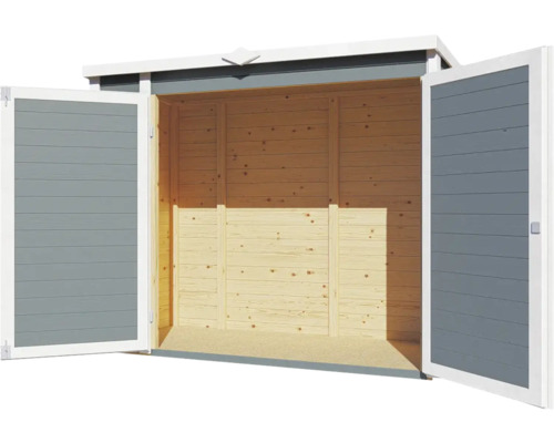 Otevřená dřevěná kůlna na nářadí s dvoukřídlými dveřmi