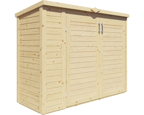 Dřevěný zahradní domek s dvoukřídlými dveřmi pro uskladnění zahradního nářadí