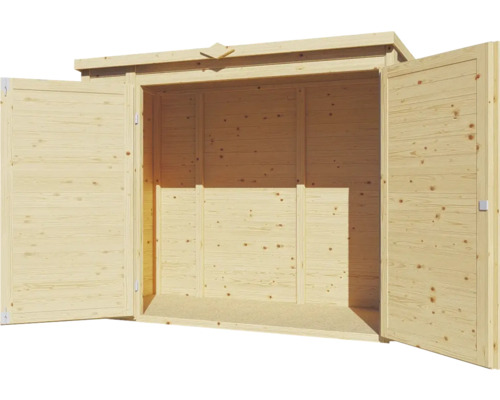 Otevřená dřevěná kůlna na nářadí s dvoukřídlými dveřmi.