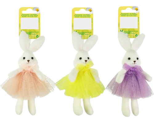 Tři figurky velikonočního zajíčka s tylovými sukýnkami jako dekorace