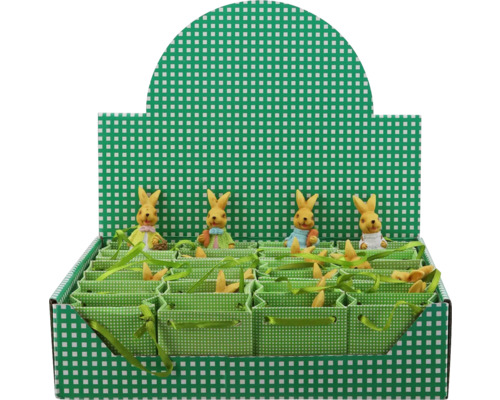 Dekorativní figurky velikonočních zajíčků v zelených kostkovaných dárkových taškách s displejem