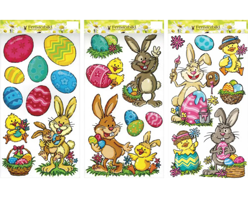 Dekorativní okenní obrázky s velikonočními motivy, jako jsou zajíčci a velikonoční vajíčka