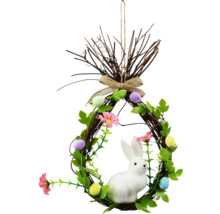 Dekorativní velikonoční věnec s figurkou zajíčka, vejci a květinami