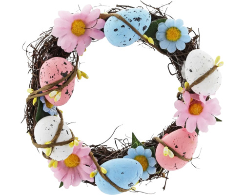 Dekorativní velikonoční věnec s vejci a květinami pro Velikonoce.
