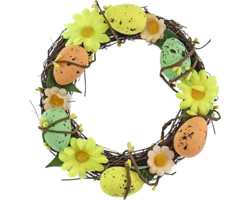 Věneček s vejci polystyrenový Ø 15 cm Dekorativní velikonoční věnec s vejci a květinami pro velikonoční dekoraci