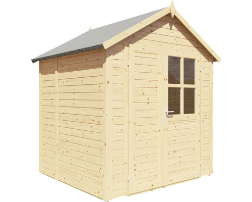 Dřevěný zahradní domek s oknem a dvoukřídlými dveřmi