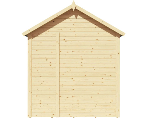 Dřevěný zahradní domek s dveřmi v čelním pohledu