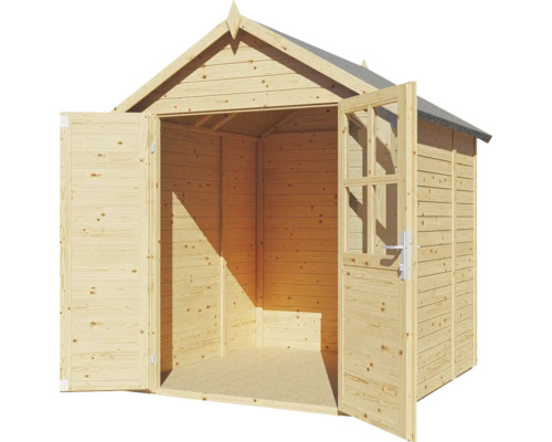 Dřevěný zahradní domek s otevřenými dvoukřídlými dveřmi