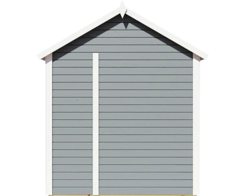 Pohled zepředu na šedý zahradní domek s vodorovným dřevěným obložením