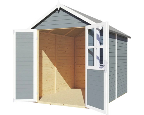 Zahradní domek s dvoukřídlými dveřmi a prosklenými dveřmi