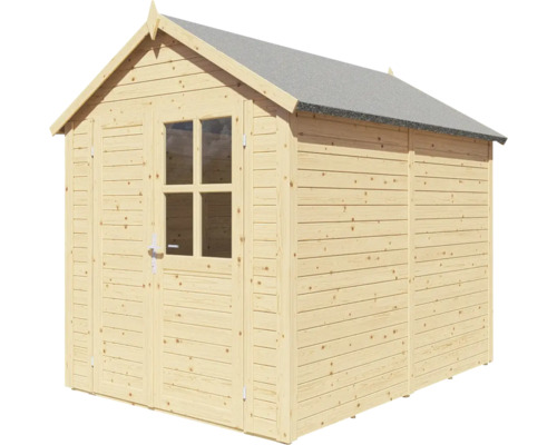 Dřevěný zahradní domek s oknem a sedlovou střechou