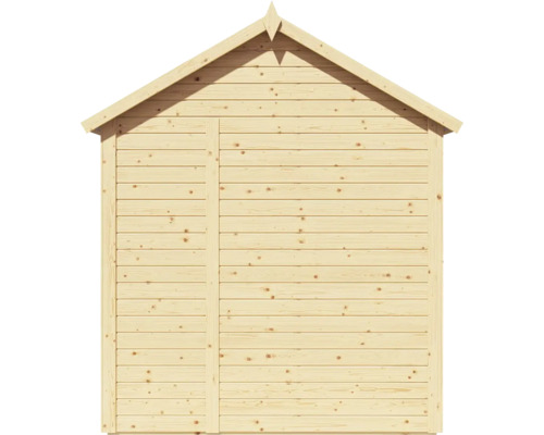 Dřevěný zahradní domek s dveřmi a sedlovou střechou