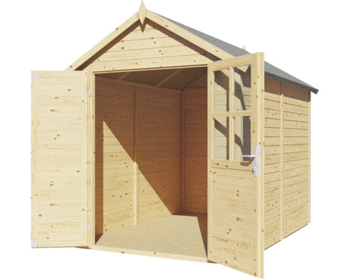 Dřevěný zahradní domek s dvoukřídlými dveřmi a okny