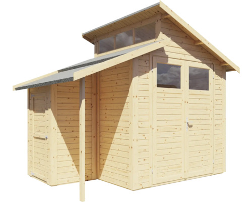 Dřevěný zahradní domek s dvoukřídlými dveřmi, okny a stříškou.