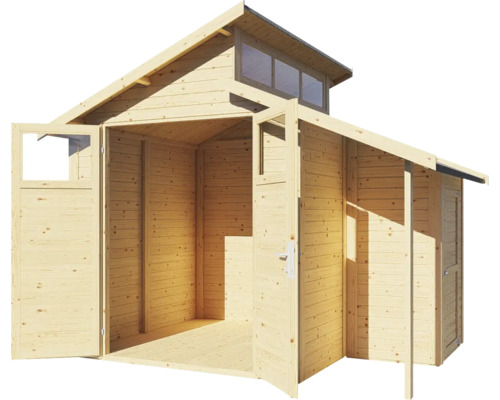 Dřevěný zahradní domek s otevřenými dveřmi