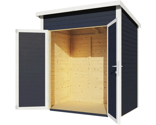 Zahradní domek s otevřenými dvoukřídlými dveřmi, dřevěná konstrukce