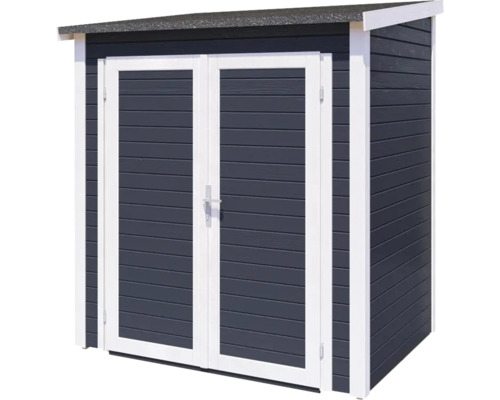 Zahradní bouda s dvoukřídlými dveřmi pro uložení zahradního nářadí a nábytku.