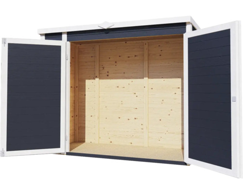 Otevřená dřevěná kůlna na nářadí s dvoukřídlými dveřmi