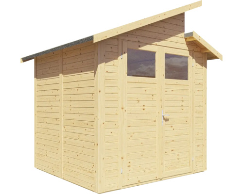 Dřevěný zahradní domek s pultovou střechou a dvoukřídlými dveřmi