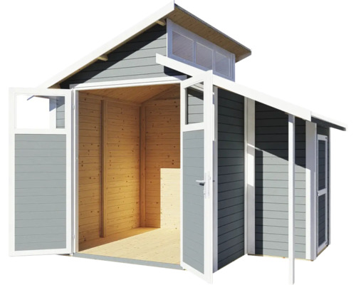 Zahradní domek s otevřenými dveřmi, dřevěnou konstrukcí a světlíkem