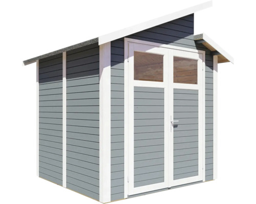 Zahradní domek s dvoukřídlými dveřmi a pultovou střechou