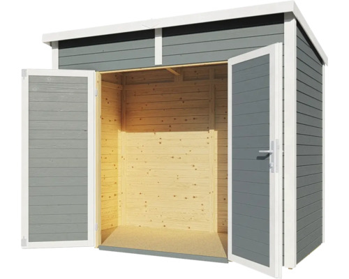 Otevřená dřevěná kůlna na nářadí s dvoukřídlými dveřmi