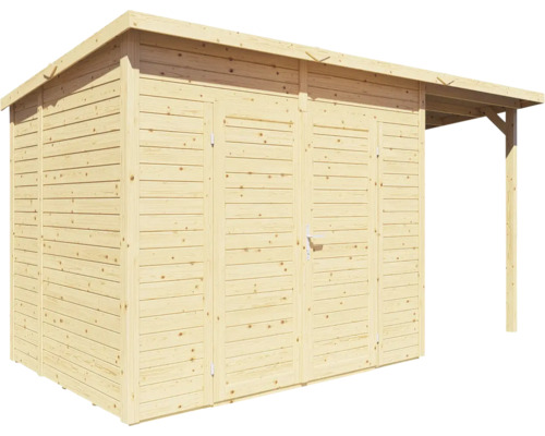Dřevěný zahradní domek s dvoukřídlými dveřmi a malým přístřeškem
