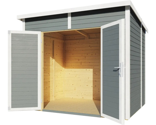 Šedě natřená dřevěná kůlna na nářadí s otevřenými dvoukřídlými dveřmi