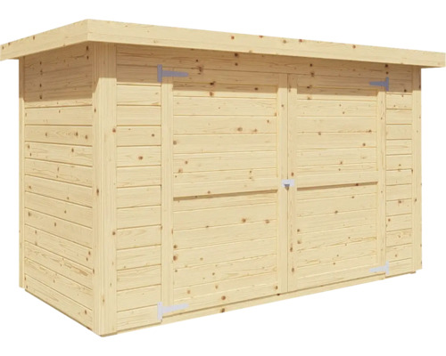 Dřevěný zahradní domek s dvoukřídlými dveřmi pro uložení zahradního nářadí a nábytku