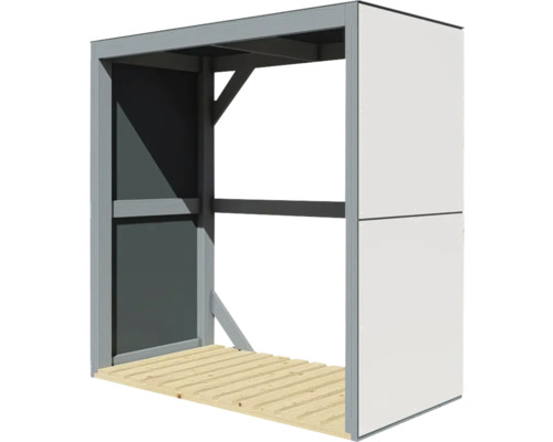 Sklad dřeva s dřevěnou podlahou a bočními stěnami