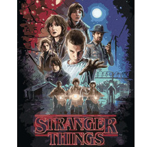 Obrázek s nápisem Stranger Things a postavami ze seriálu