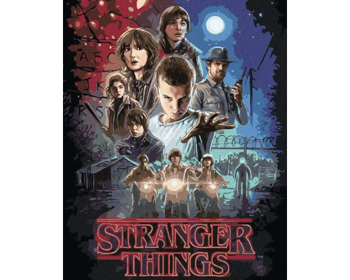 Obrázek s nápisem Stranger Things a postavami ze seriálu