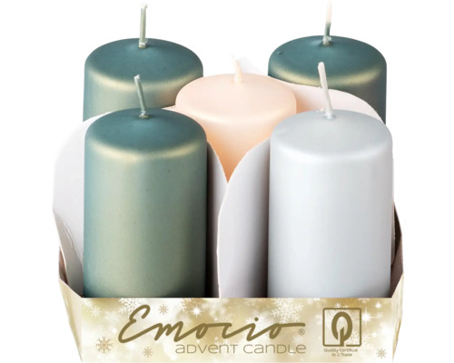 Svíčka válec Emocio Ø4 × 7,5 cm 5 ks metalický matný zelený mix Emorio adventní svíčky, šest kusů