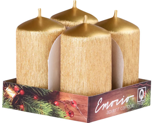 Adventní svíčky Emocio válec 40 x 75 mm drápané zlaté 4 ks Čtyři zlaté adventní svíčky v balení.