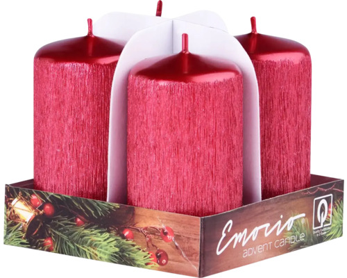 Adventní svíčky Emocio válec 40 x 75 mm drápané červené 4 ks Čtyři červené adventní svíčky v balení