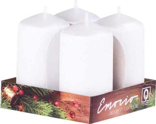 Adventní svíčky Emocio válec Ø4 × 7,5 cm drápané perleťově bílé 4 ks Čtyři bílé adventní svíčky v ozdobném balení.