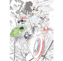 Ilustrace superhrdinů Avengers na pozadí města.