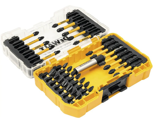 Sada šroubovacích bitů DeWalt s různými bity a držákem v žlutém a průhledném úložném boxu