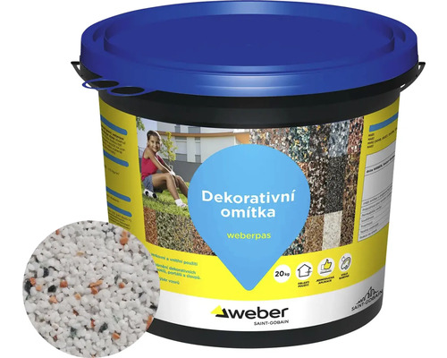 Omítka WEBER.PAS marmolit MAR2 M057 střednězrnná 20 kg Kbelík okrasné omítky s modrým víkem, výrobek Weber Saint-Gobain
