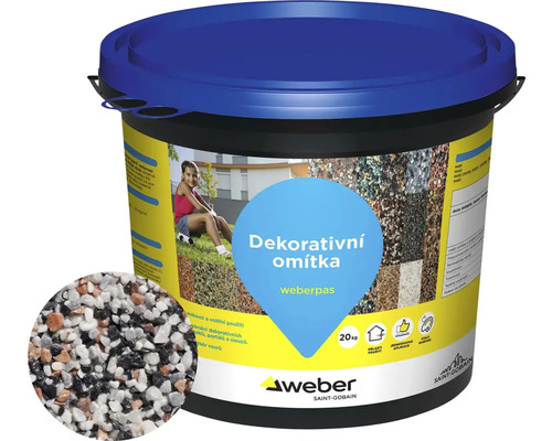 Omítka WEBER.PAS marmolit MAR3 M203 hrubozrnná 20 kg Kbelík dekorativní omítky Weber s obrázkem nanesené omítky a dítětem