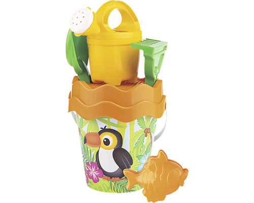 Sada plážového kbelíku s konví, lopatou, hráběmi a formičkou na ryby