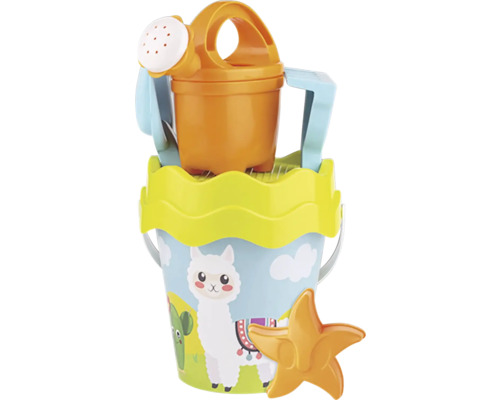 Sada hraček na pláž s kbelíkem, konev, lopatou, hráběmi a formičkami