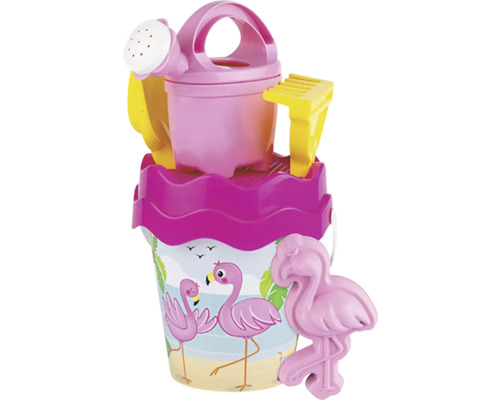 Sada hraček na pláž s kyblíkem, konví, lopatkou, hráběmi a formičkou plameňáka