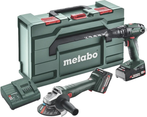 Combo set Metabo, aku příklepová vrtačka SB 18 a aku úhlová bruska W 18 L 9-125, včetně 1x aku 18V 2Ah, 1x aku 18V 4Ah, nabíječky SC 30 a metaBOX 165 L, 685205500