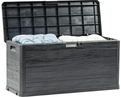 Otevřená zahradní truhla s polštáři