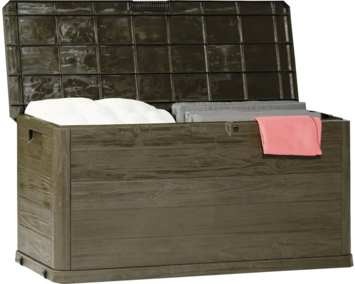 Otevřený zahradní box se vzorem dřeva pro ukládání zahradního náčiní