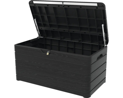Otevřený černý zahradní box s imitací dřeva pro skladování