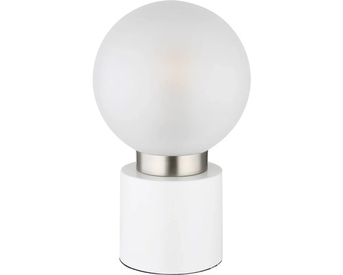 Stolní lampa s kulatým, bílým skleněným krytem a válcovou základnou