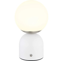 Bílá stolní lampa s kulatým tvarem a světelnou koulí