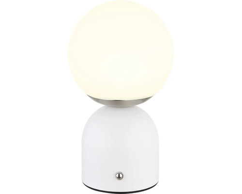 Bílá stolní lampa s kulatým tvarem a světelnou koulí